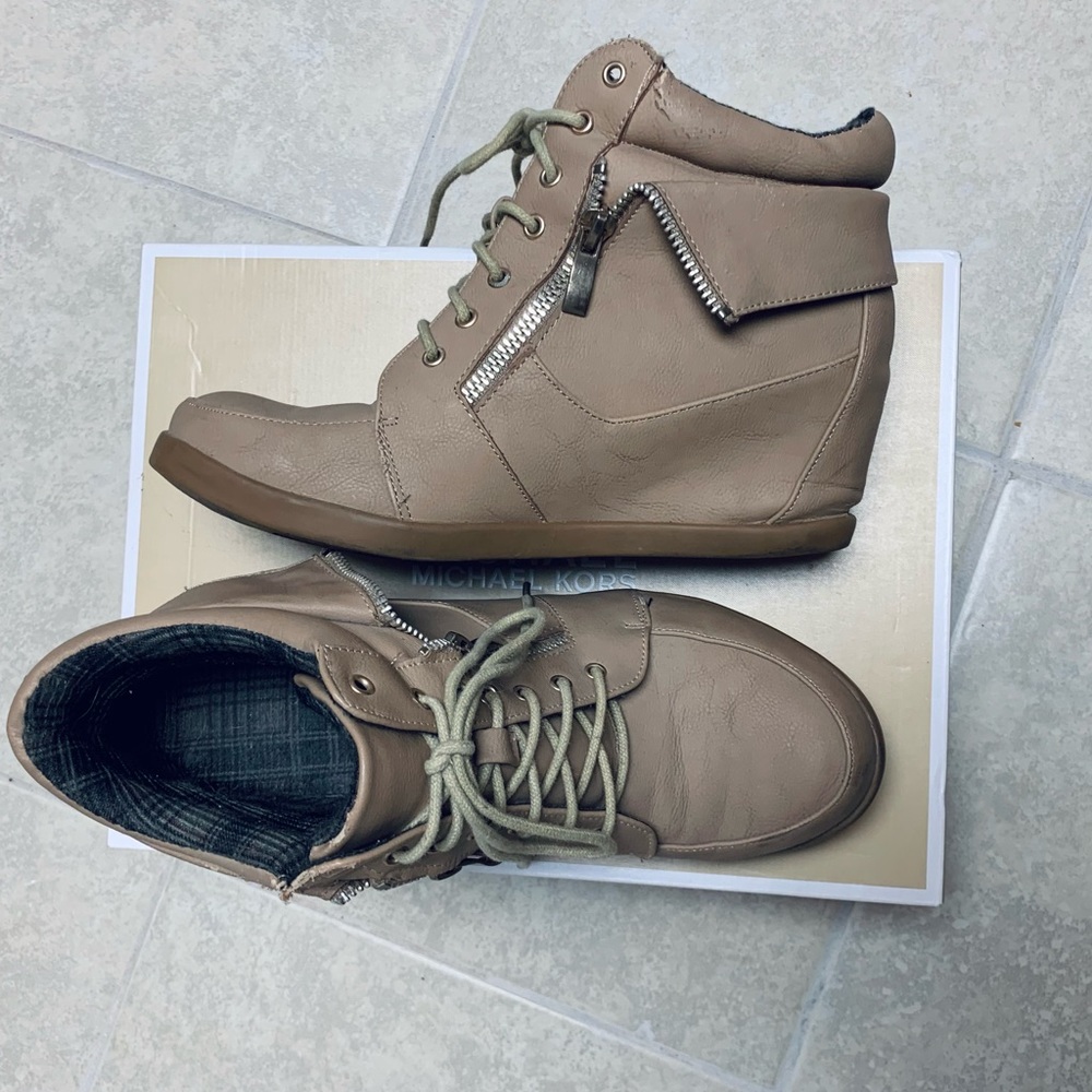 Tan Zipper Bootie Wedges
